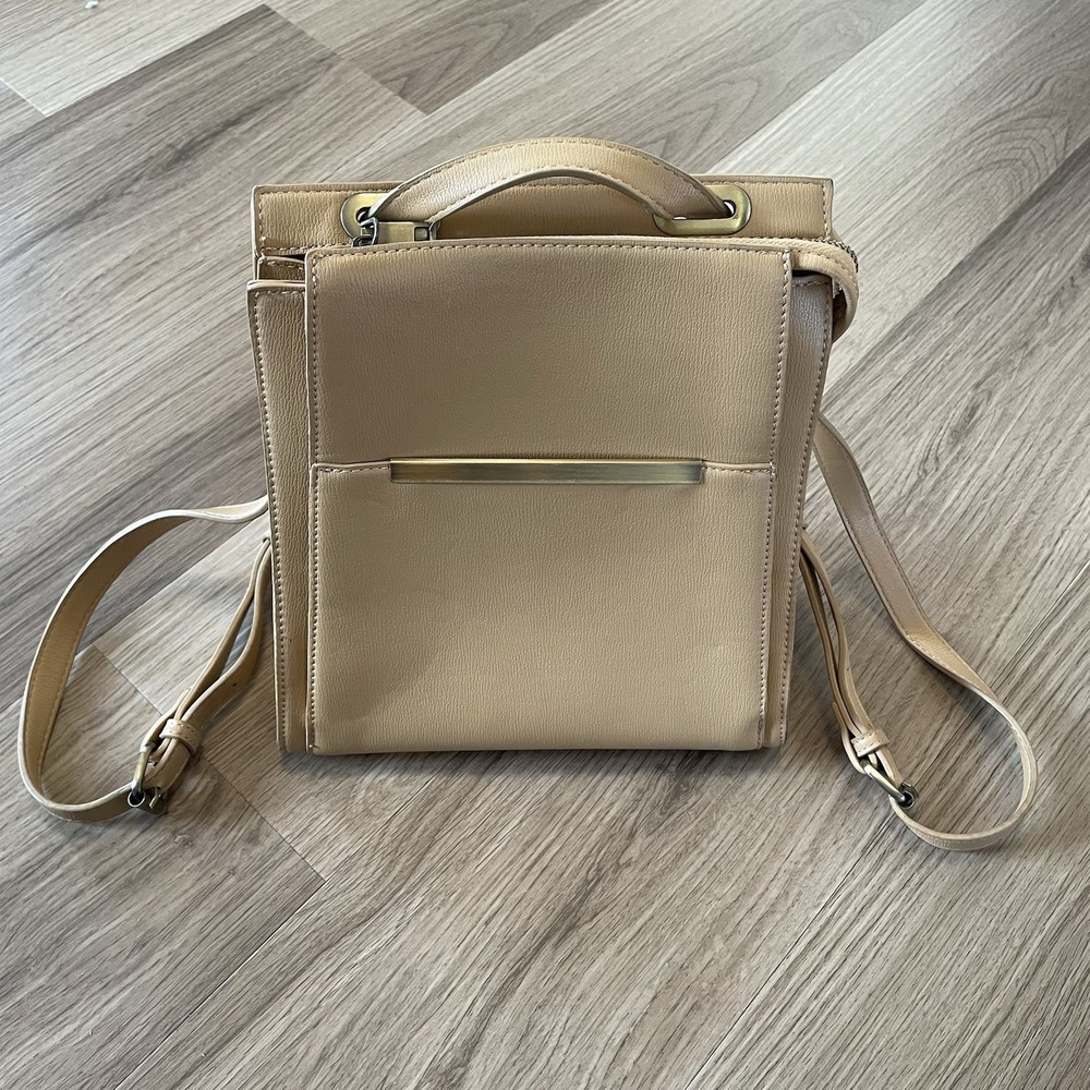Madison West Backpack Convertible Purse Crossbody Bag Tan Gold Vegan Leather GUC